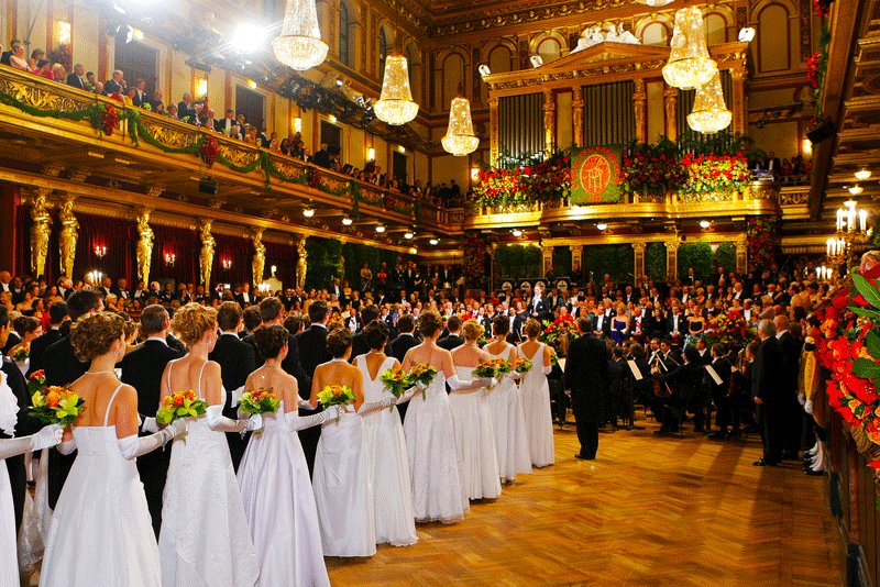 Ladies hold a bouquet, men wear a black tail-coat, Vienna