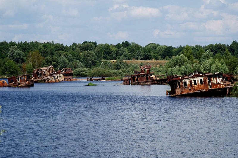 Cemetery of barges and ships in Pripyat