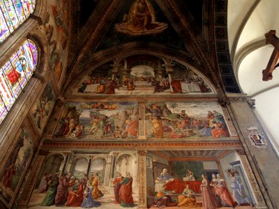 Look at the frescoes in the church of Santa Maria Novella in Florence