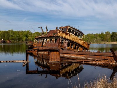 Cemetery of barges and abandoned ships in Chernobyl