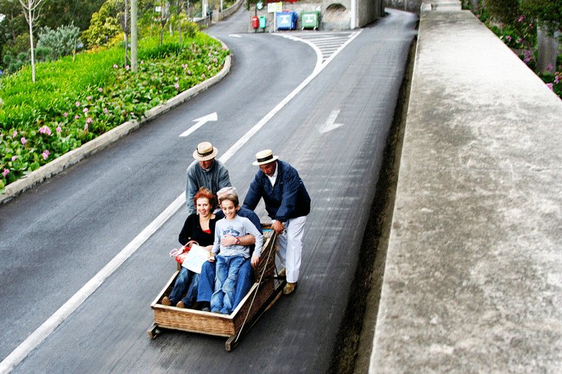 How to ride in toboggan wooden sledge down asphalt road on Madeira