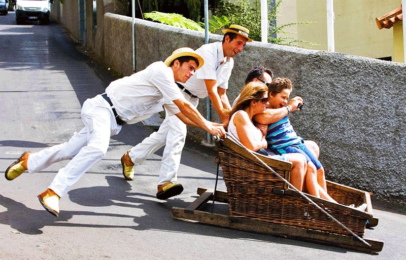 How to ride in toboggan wooden sledge down asphalt road on Madeira