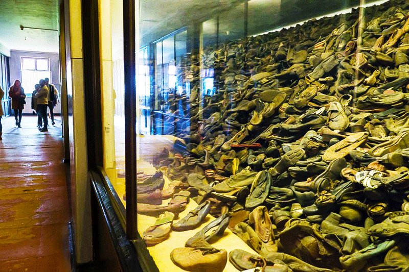 Behind the glass, the shoes of the dead collected, which was left before the gas chamber, Krakow
