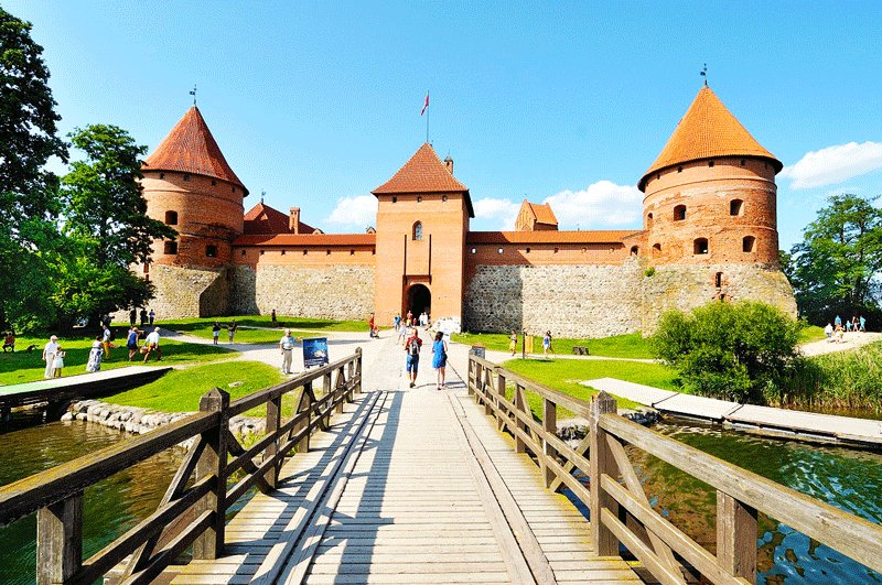 A bridge over the lake leads to the Trakai Castle, Vilnius