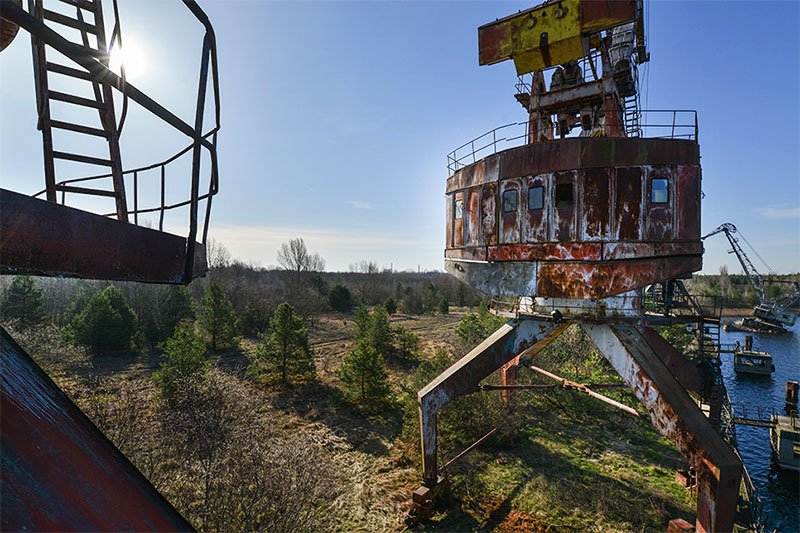 Cranes in an abandoned cargo port, Pripyat